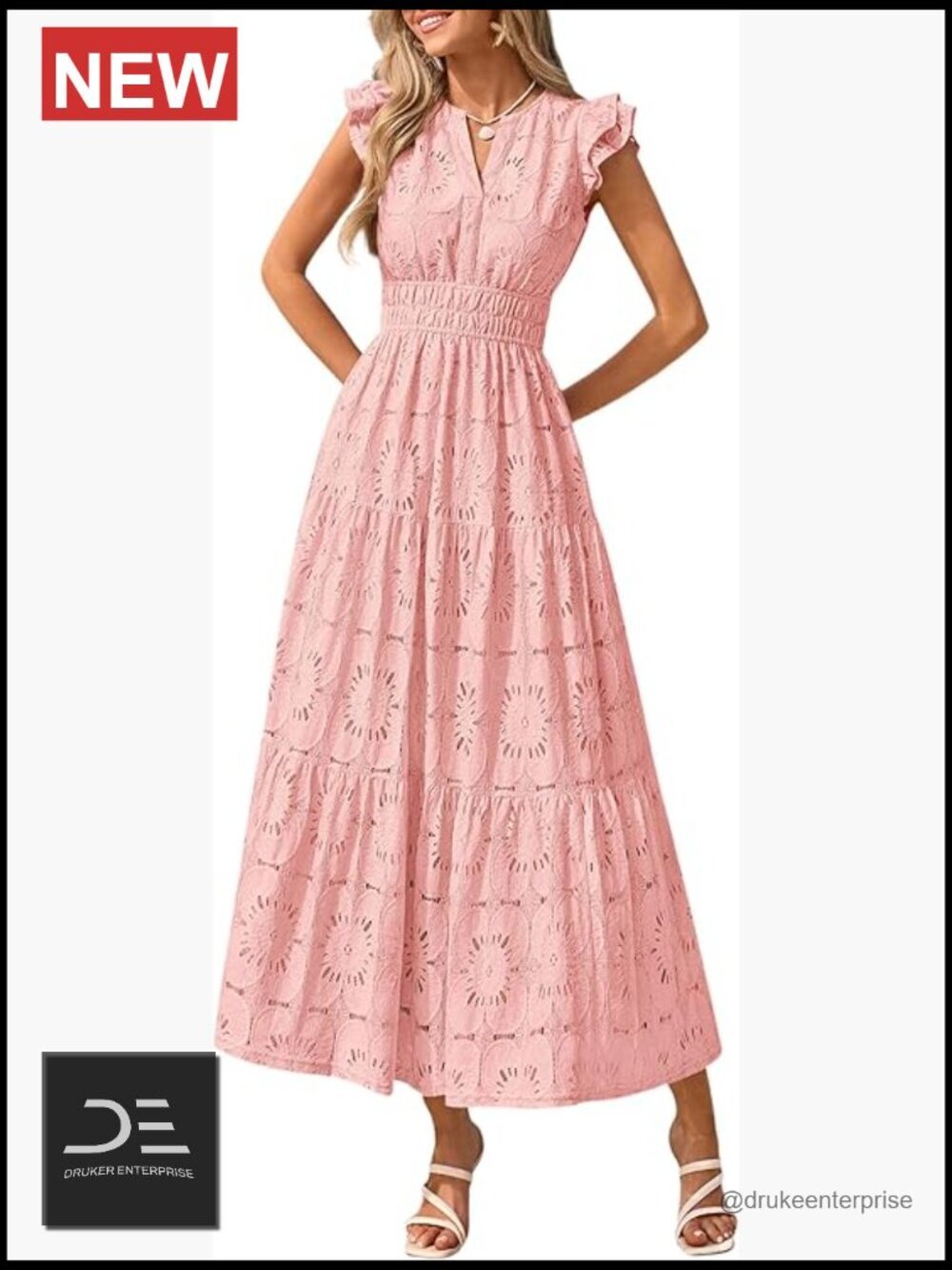 Boho Fit & Flare Lace Eyelet V-Neck Maxi Dress